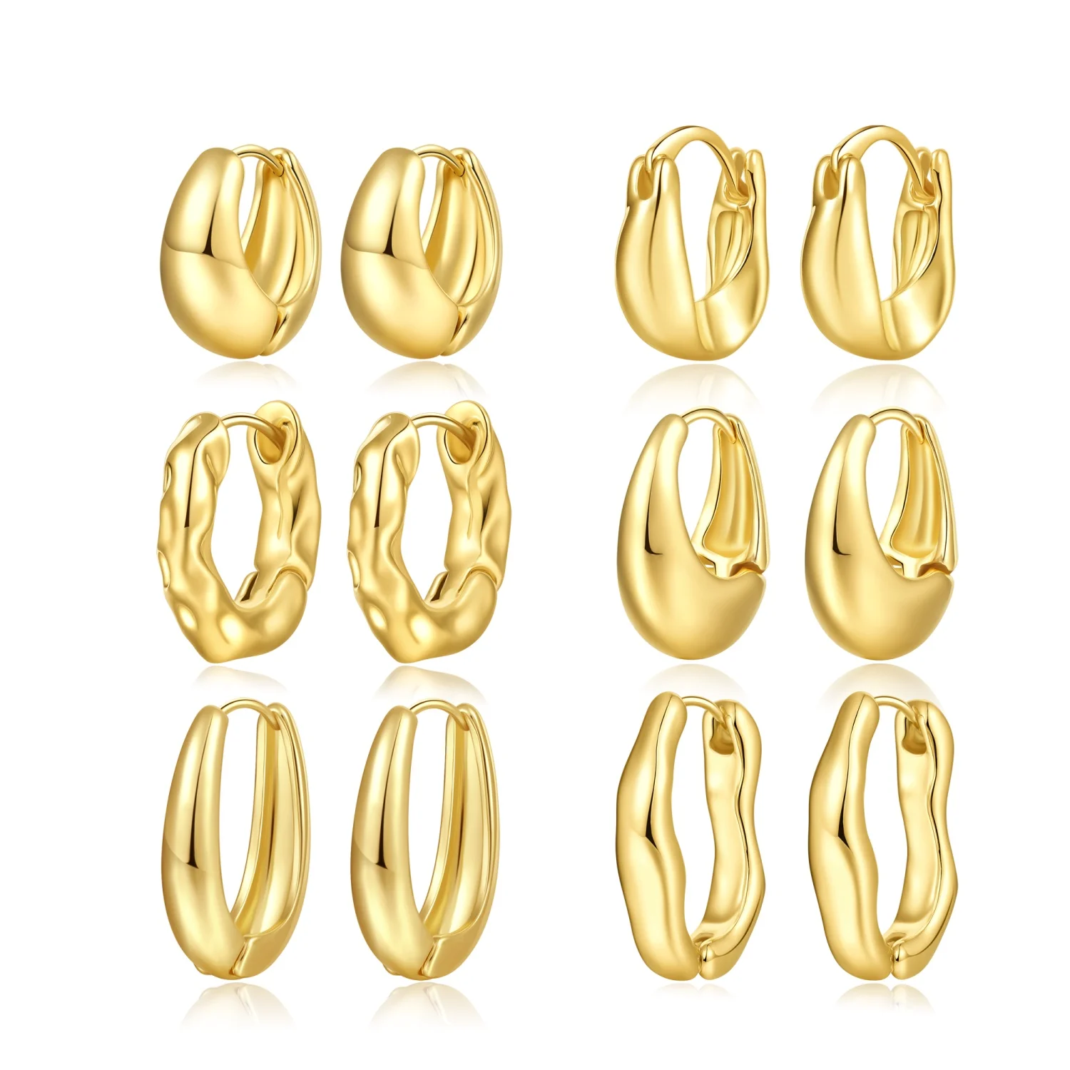 6 Pairs Gold Hoop Earrings Set for Women, 14K Gold Plated Huggie Chunky Earring Variety Pack, Hypoallergenic Thick Jewelry Gift