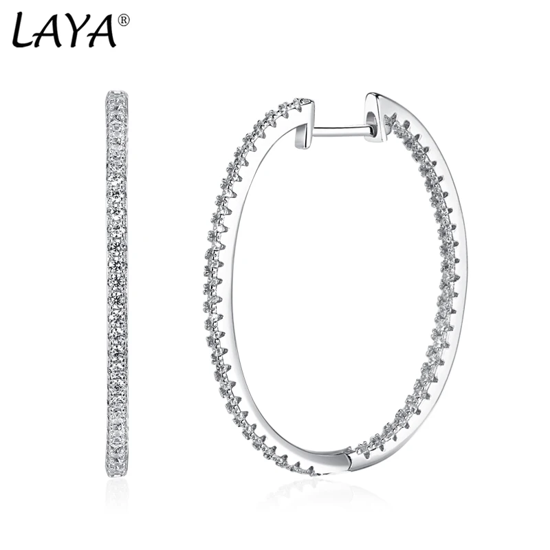 

LAYA 925 Sterling Silver Hoop Earrings For Women Shining Zircon Ellipse Length 42mm Minimalist Brincos Jewelry 2022 Trend