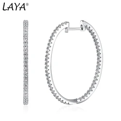 LAYA 925 Sterling Silver Hoop Earrings For Women Shining Zircon Ellipse Length 42mm Minimalist Brincos Jewelry 2022 Trend