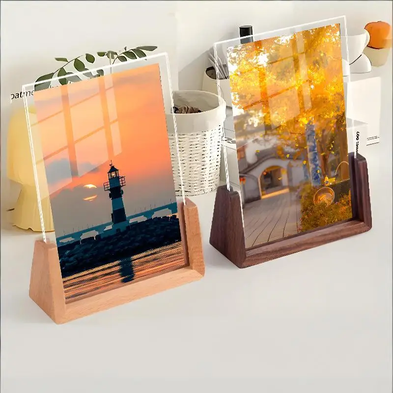 Walnut/Beech Creative Photo Frame Base Acrylic U Shape Transparent Frame Desktop Wood Wedding Pictures Frame Office Decors