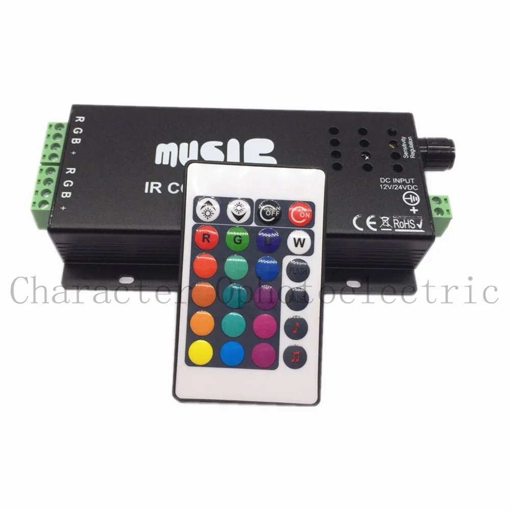 12V - 24V 12A Sound Activated Music Controller Black Color with 24key IR Remote Control 144W 2 Ports Output for RGB LED Strip