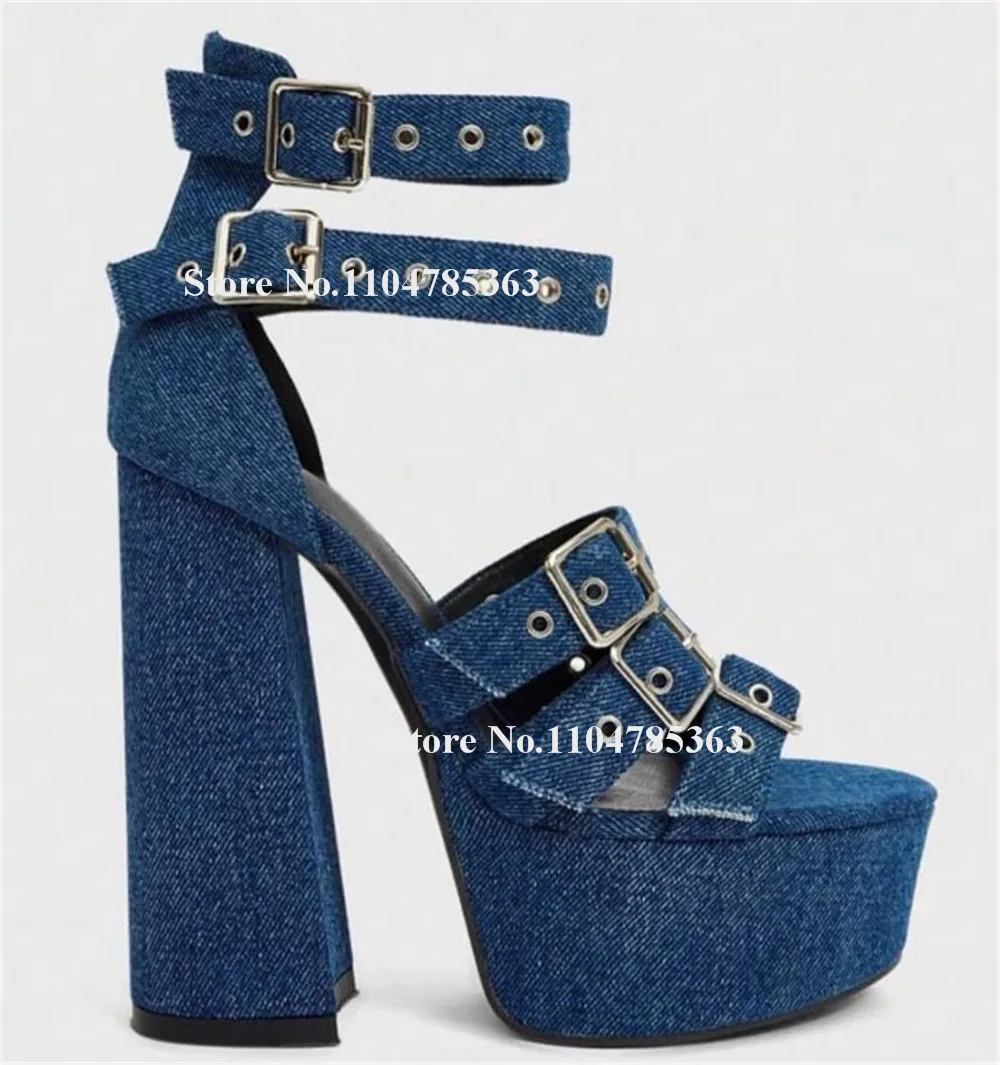 

Западные модные синие джинсовые босоножки на массивном каблуке с открытым носком и металлическими пряжками, украшенные туфли-лодочки на высокой платформе и толстом каблуке, большой размер