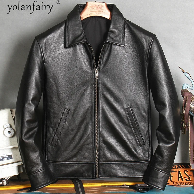 YOLANFAIRY Genuine Cow Leather Jacket Men 2020 Spring Autumn Short 100% Cowhide Biker Jacket Chaqueta Cuero Hombre X-2030 KJ