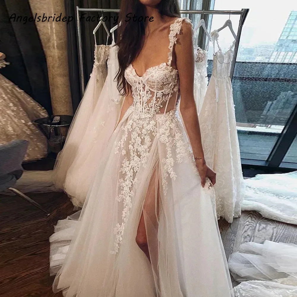 

Angelsbridep Vintage Wedding Dress Sweetheart Appliqued Sweep Train Bridal Gowns Leg Slit Bride Dress Vestidos De Novia Mariage