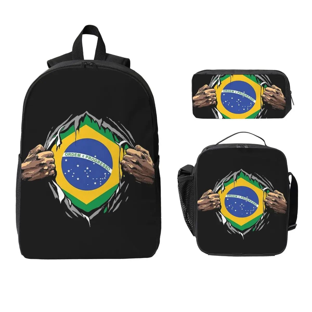 

Brazil National Flag Backpack Student Boys Girls BookBag School Bag Computer Shoulder Bags 3ps Insulated Lunch Bag Pencil Case