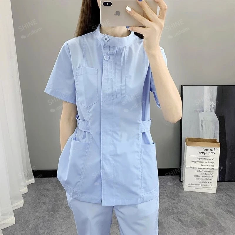 Witte Verpleegstersuniformen Korte Medische Scrubs Top Laboratoriumjas Doktersuniform Vrouwen Outwear Schoonheidssalon Medische Kleding Met Lange Mouwen