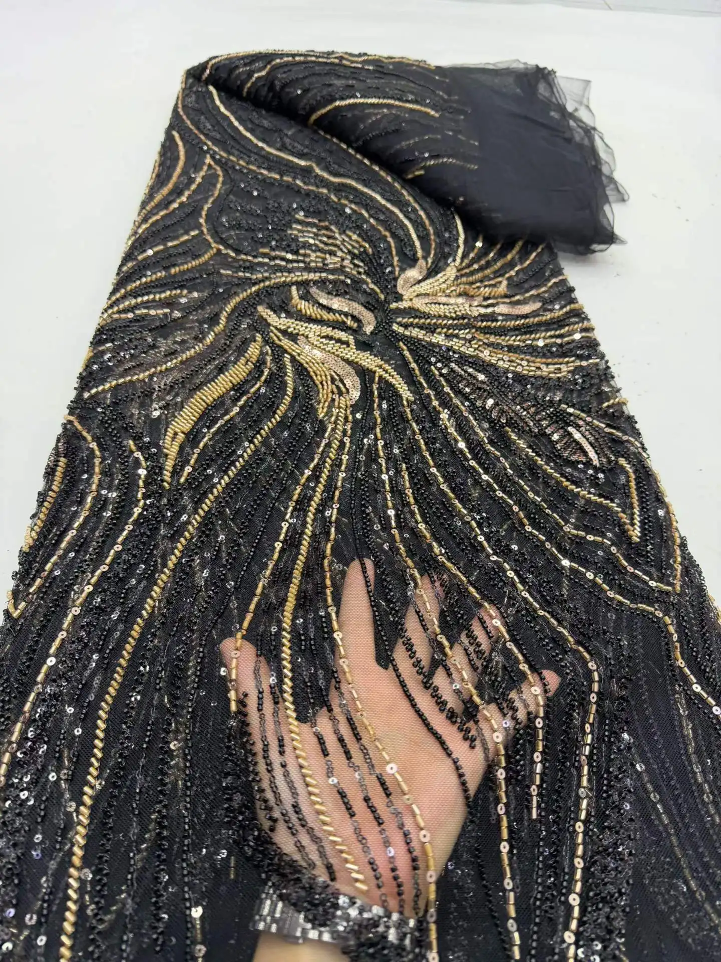 

African Groom Luxury Tulle Lace Fabric 2026 Nigerian Handmade Heavy Beaded Sequins Pearls Mesh Lace Fabric Bridal Wedding Dress