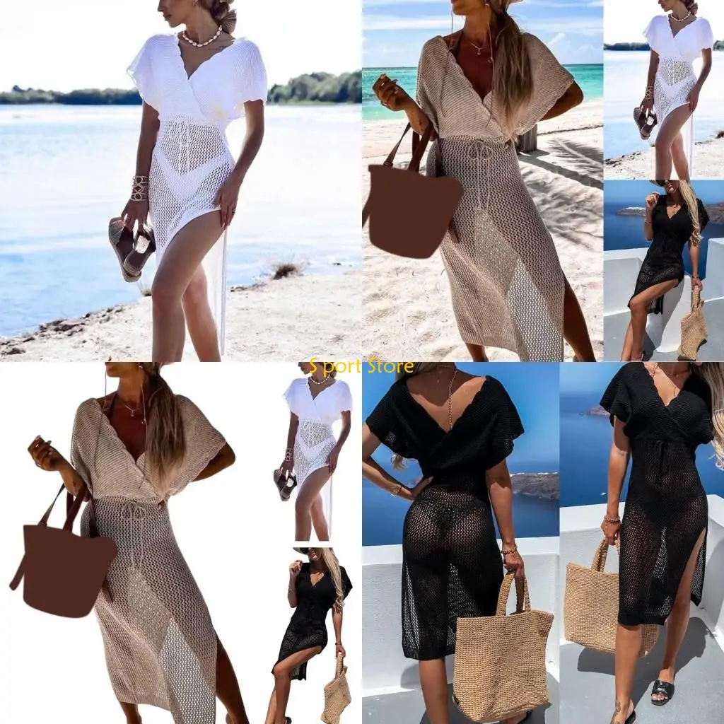 

U2JB Womens Sexy Hollow-Out Swimsuit Sunscreens Cover-Ups Short Sleeve Tunic Dresses