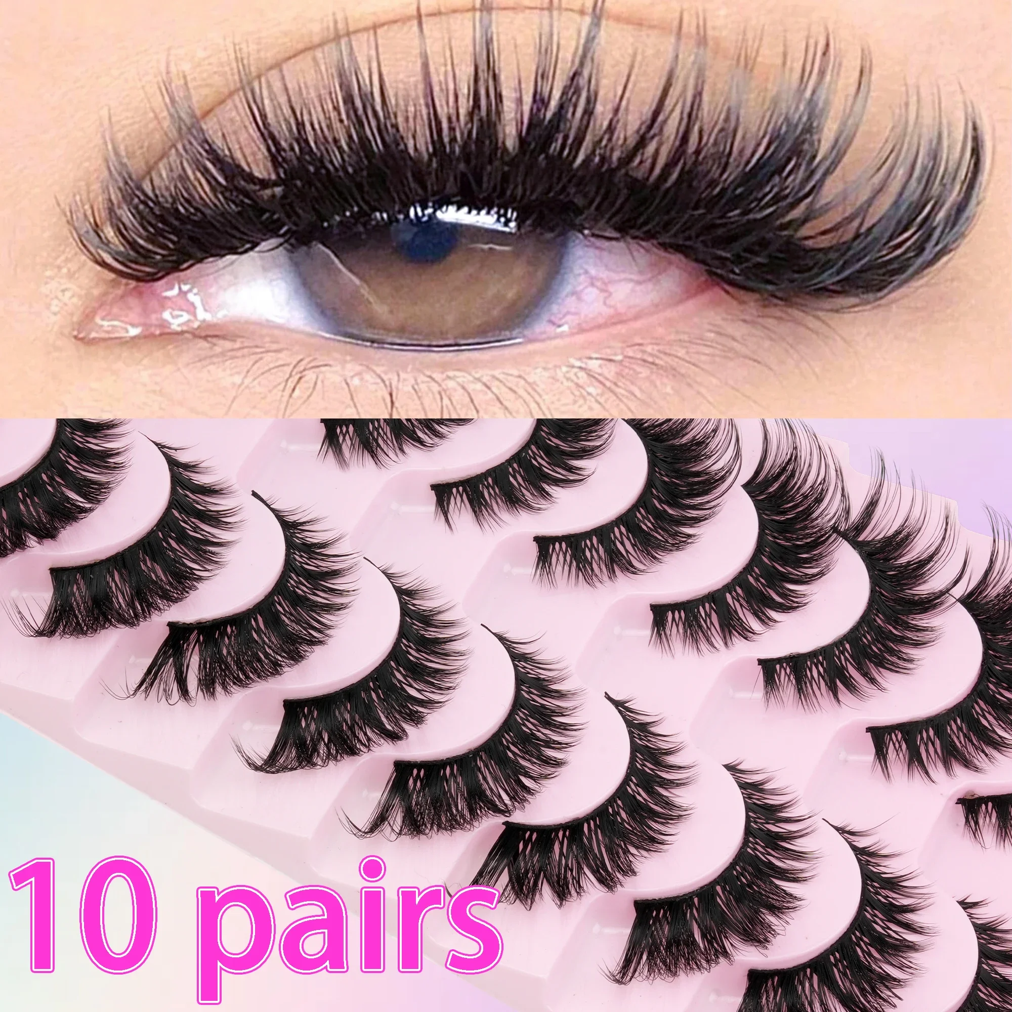 10 Pairs Russian Volume False Eyelashes D-Curl Faux Mink Full Strip Lashes Fluffy Dramatic Reusable for Daily Party Eye Makeup