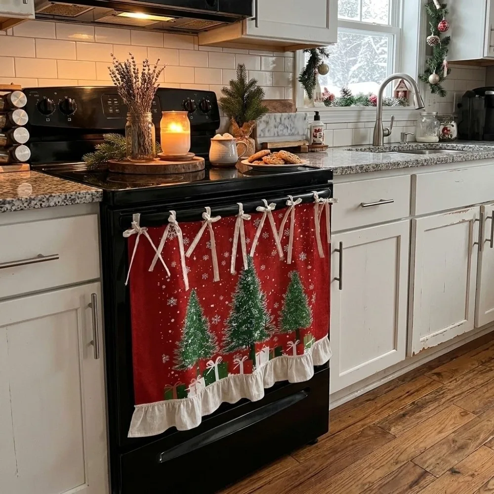 Durable Xmas Oven Decor Curtain Printed Pattern Ribbon Ties Appliance Cover Christmas Tree Plaid