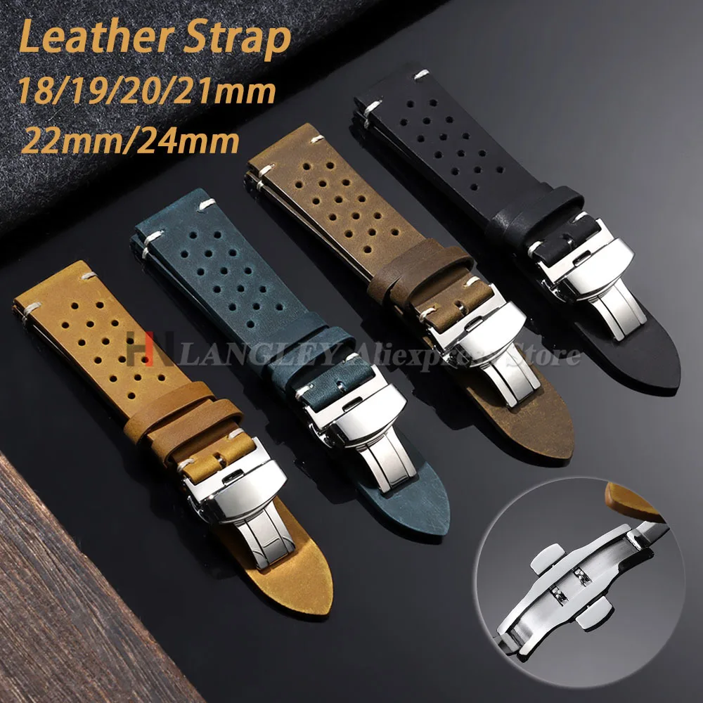 18mm 19mm 20mm 21mm 22mm 24mm Breathable Porous Watchband for Seiko for Rolex Vintage Racing Leather Watch Strap Classical Color