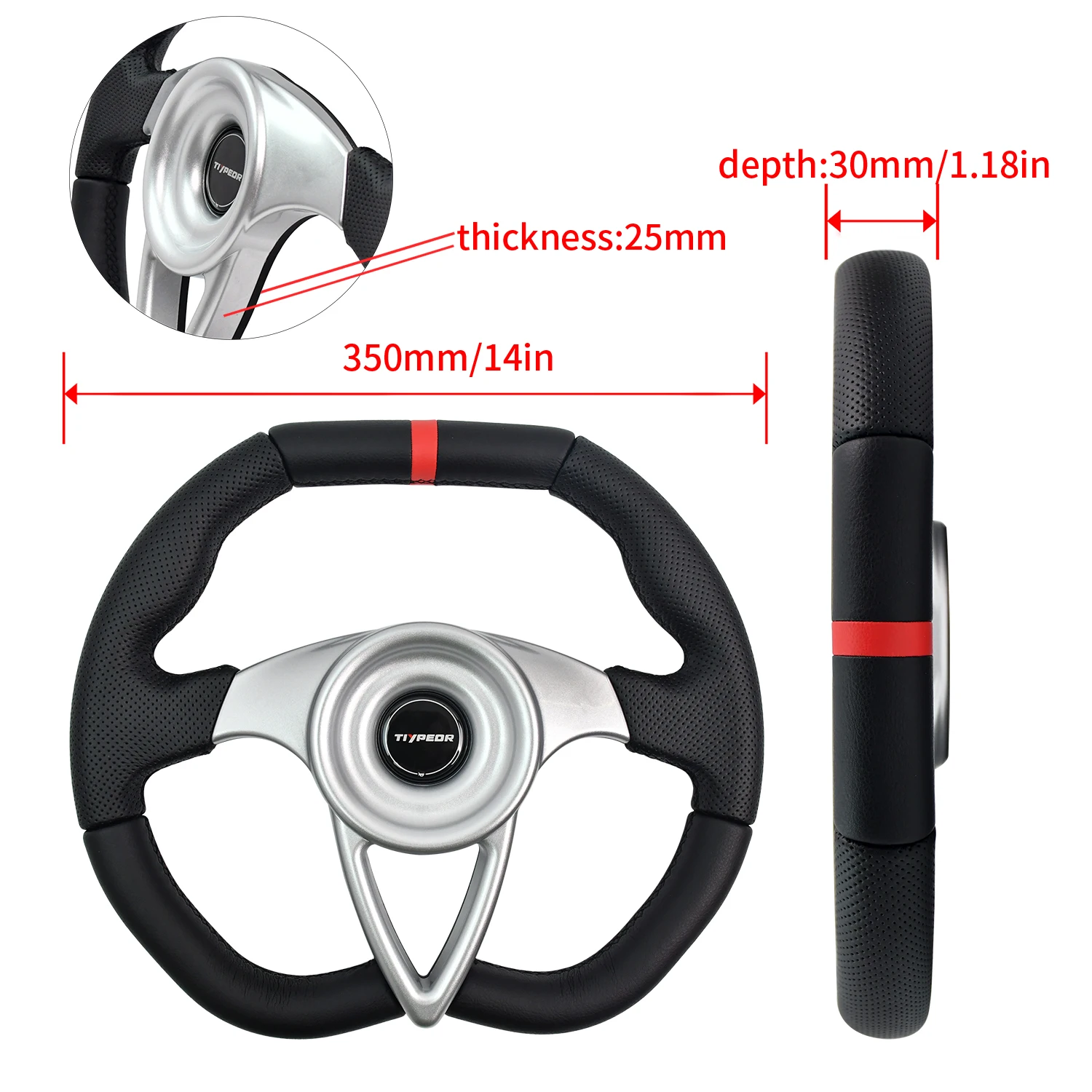 Tiypeor Black Steering Wheel 350mm Black Leather Silver Spokes Car Racing Steering Wheels