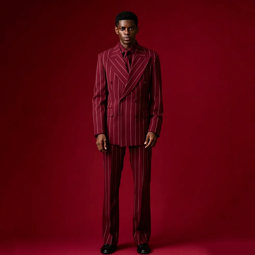 

Fashion Red Stripe Suits for Men Wedding Groom Tuxedos 2 Pieces Jacket Pants Double Breasted Male Office Banquet Blazer Set