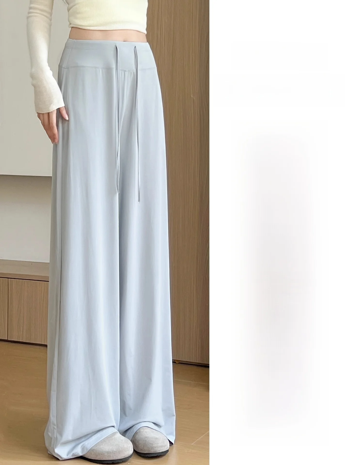 아이스 실크 와이드 레그 팬츠 여성 여름 얇은 하이웨이스트 드레이프 스몰 사이즈 스트레이트 컷 퀵 드라이 스포츠 팬츠 자외선 차단