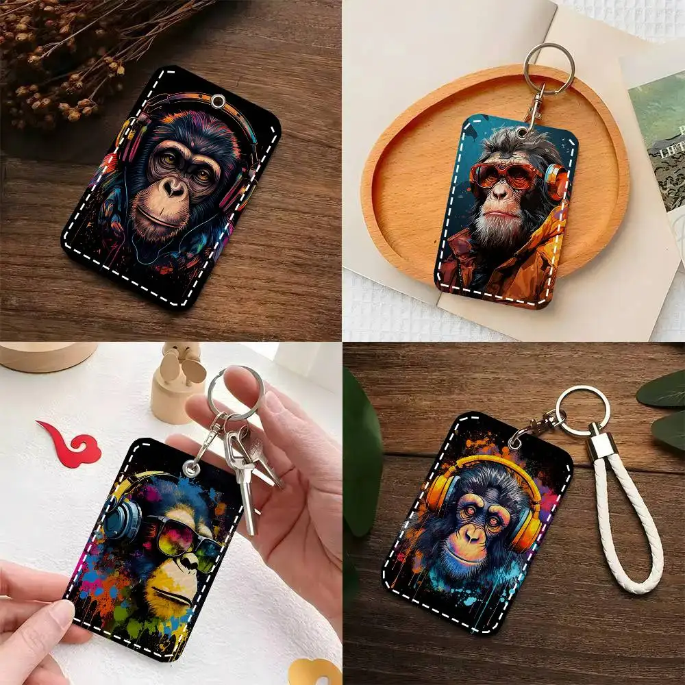 Singing Monkey Card Case Keychain Access Card Bag Key Tag Ring Leather Card Holder Key Ring Access