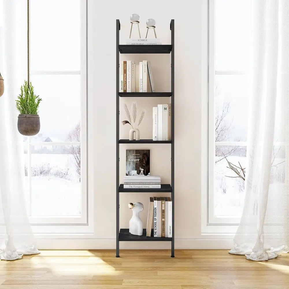 Vintage 5-Tier Metal Framed Wood Bookshelf - Wall Mounted Display Rack for Home & Office, Black