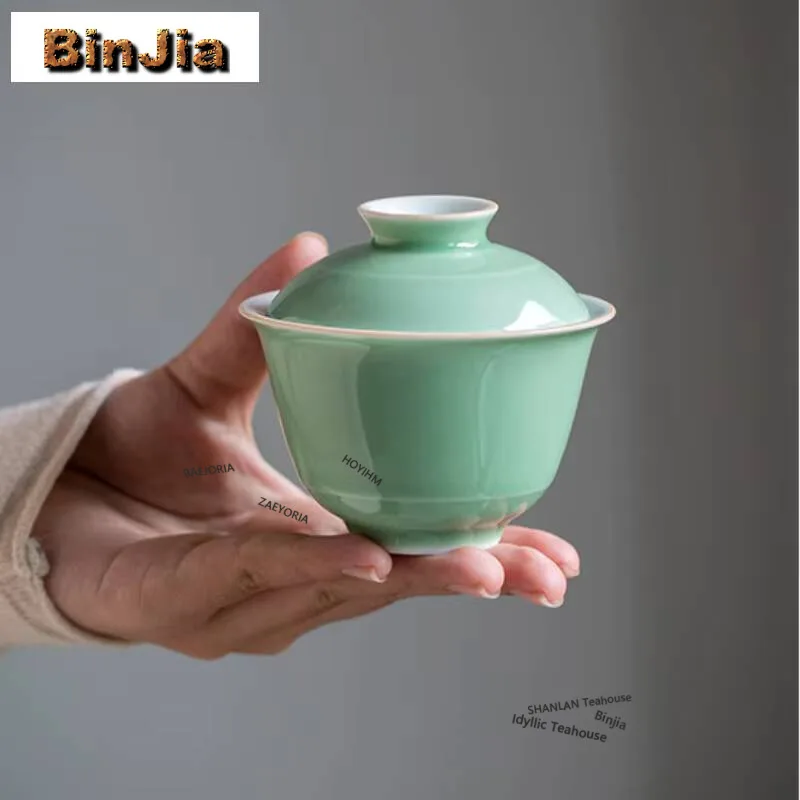 115ml Pea Green Glaze Gaiwan Antique Tea Brewing Cup Not Hot Tea Tureen Tea Bowl With Lid Kit Tea Making Cover Bowl Cha Craft
