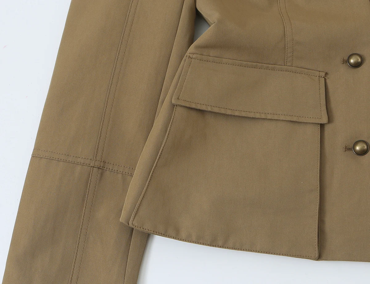 BSAY Herbst Damen Militärstil 2-teiliges Outfit Stehkragen Taschen Slim Jacke Doppelreihige Twill Mini-Shorts Passende Sets – Detail 8