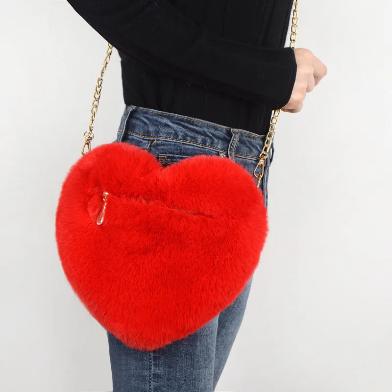 Bolso de mano con forma de corazón para mujer, bandolera de piel sintética Kawaii, cartera con cadena de felpa, bolso de hombro