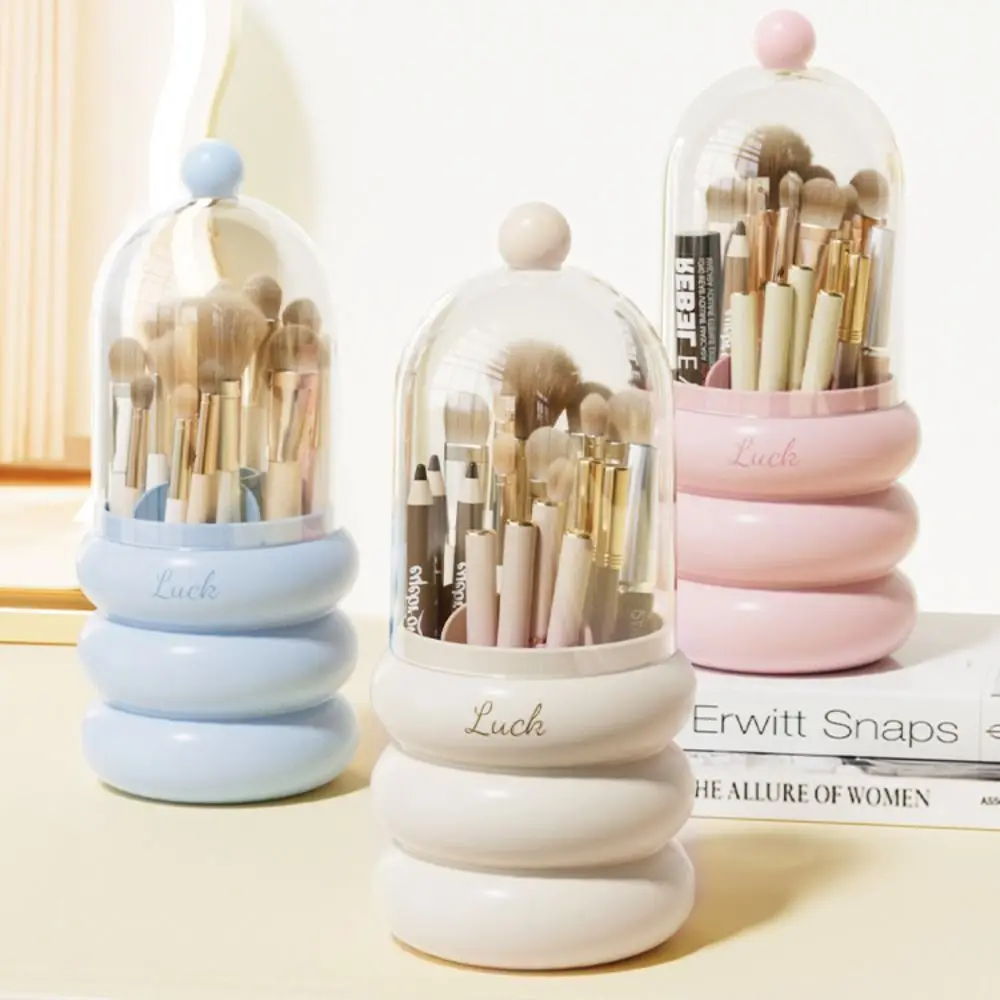 360 Rotating Makeup Brush Storage Holder With Lid Dustproof Makeup Brush Bucket Large Capacity Transparent Cosmetic Container