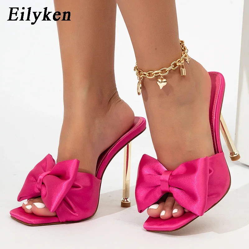 Eilyken 2026 New Arrival Silk Butterfly-knot High Heels Women Slippers Sandals Square Toe Party Mule Slides Shoes