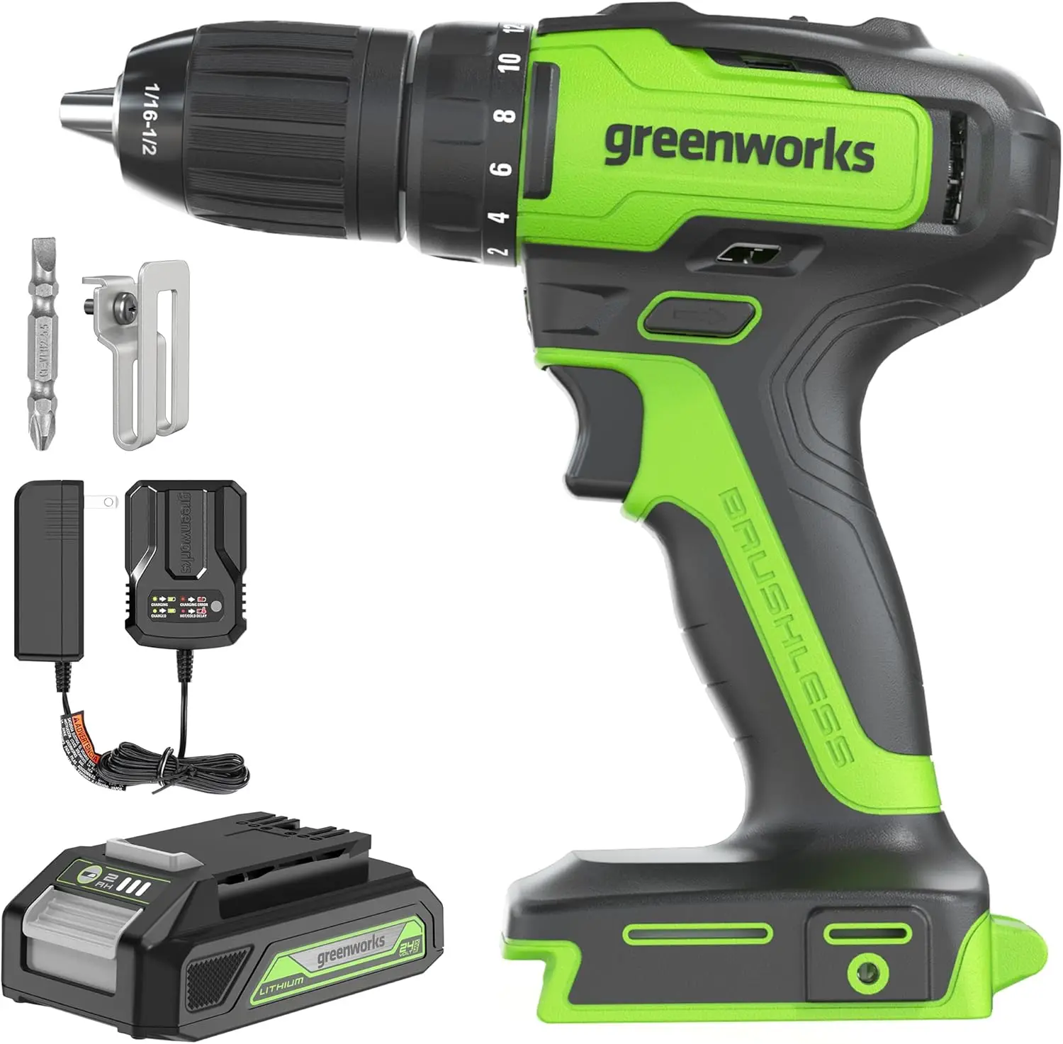 Greenworks 24V Brushless Cordless Drill Kit, 310 In./Lbs, 18+1 Position Clutch, 1/2 '' Keyless Chuck, Variable Speed, Battery