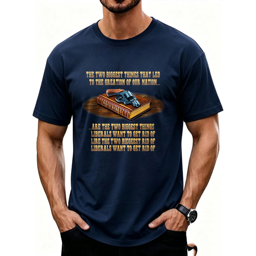 Patriot Pride Collection Creation of Our Nation Gun and Holy Bible American Flag Sleeve Men's Short Sleeve Graphic Tee