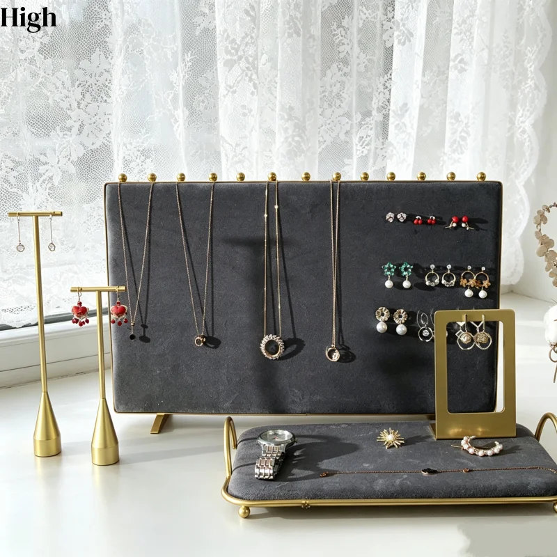 Gray Metal Edge Jewelry Display Stand, Two-Tone Hanging Rack for Earring Necklace, Window Showcase & Photography Prop