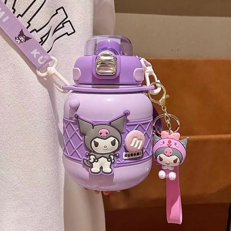 Sanrio Kuromi Melody Cute Doll Water Cup Student Sports Kettle Convenient Chubby Double Drink Straw Thermos Bottle Kids