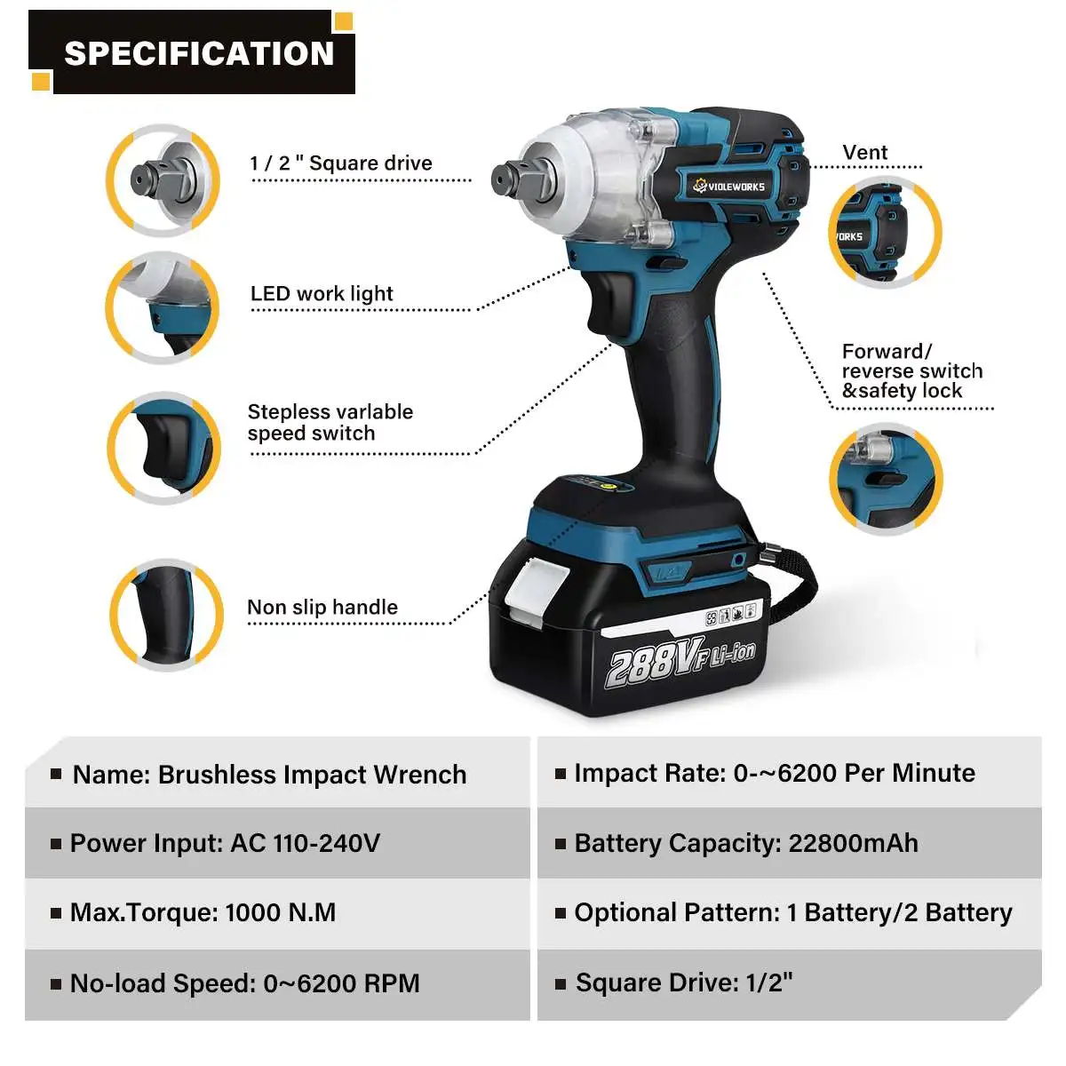 Imagem -03 - Violeworks Brushless Chave de Impacto Elétrica Chave de Fenda sem Fio Ferramenta Elétrica para Makita 18v Bateria 1000 nm 2