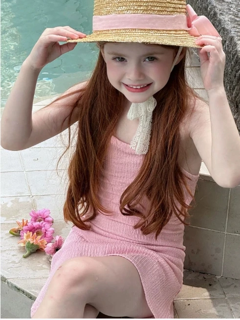 

Girls Swimsuit 2025 Summer New Childrens Clothes Korean Style Girl Baby Sweet Pure Color Beach Swimsuit Casual Simple Daily