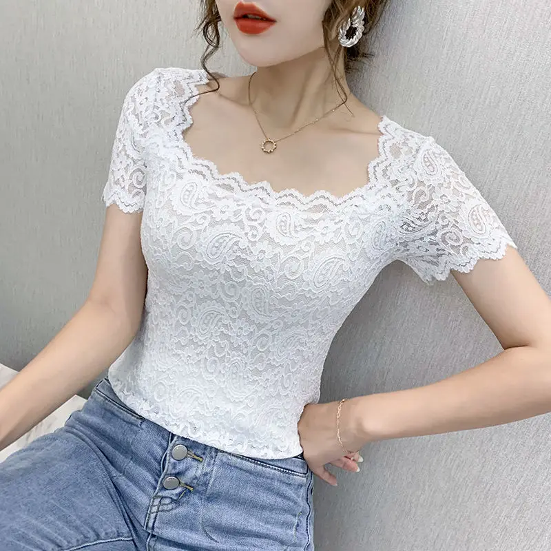 Lace square collar short-sleeved top for women summer