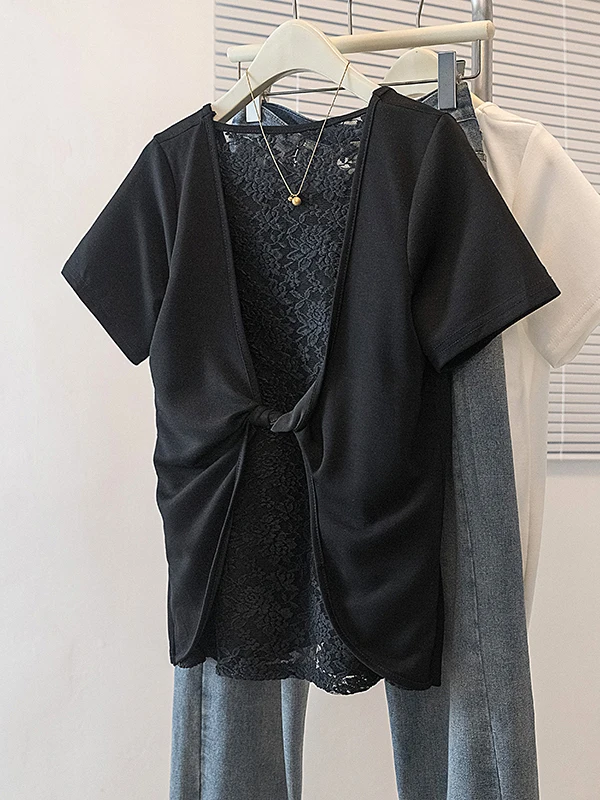 Lace Hollow out Back Shoulder Short Sleeve T-Shirt Women Summer New plus Size Trendy Age Reduction Top Korean Style Loose Fit