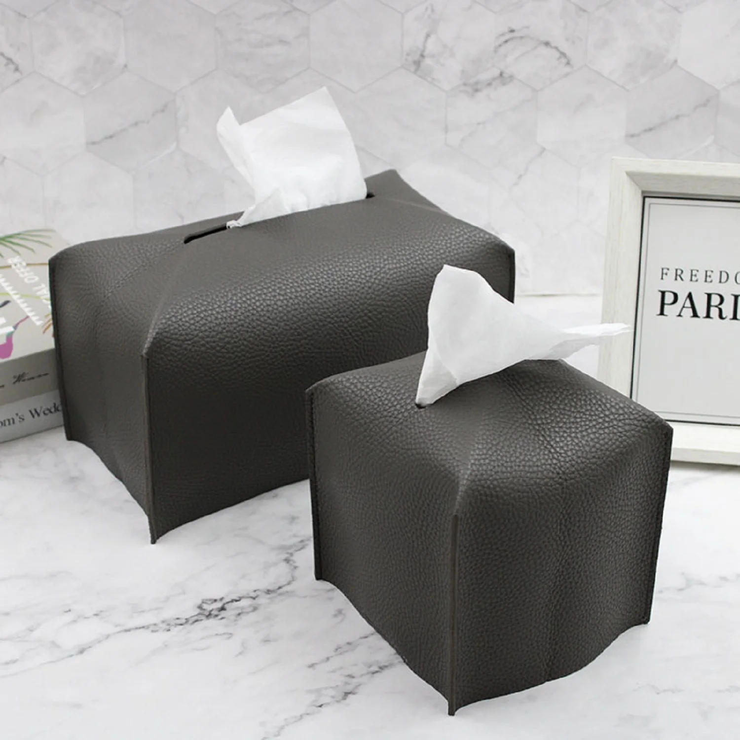

Makeasy Tissue Box Cover Modern Cube Leather Tissue Box Holder Decorative Holder for Bathroom Countertop Office Desk & Car