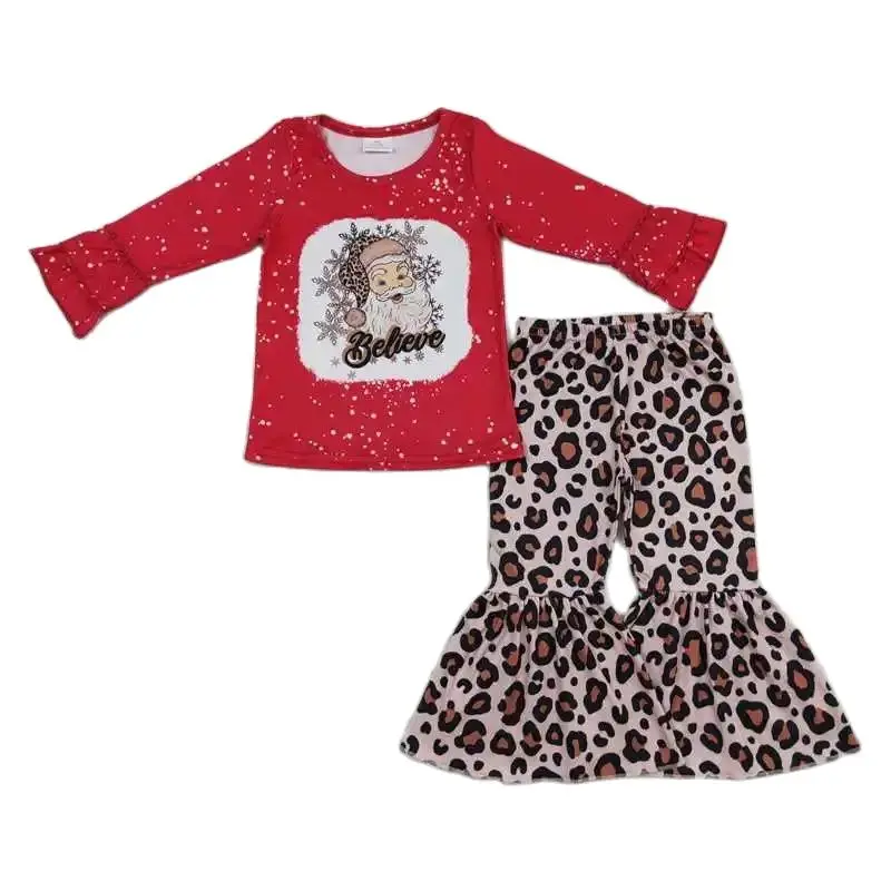 

GLP0862Kids комплекты одежды для девочек на осень с длинным рукавом Топ Санта Клаус Снежинка красный принт с брюками детская одежда