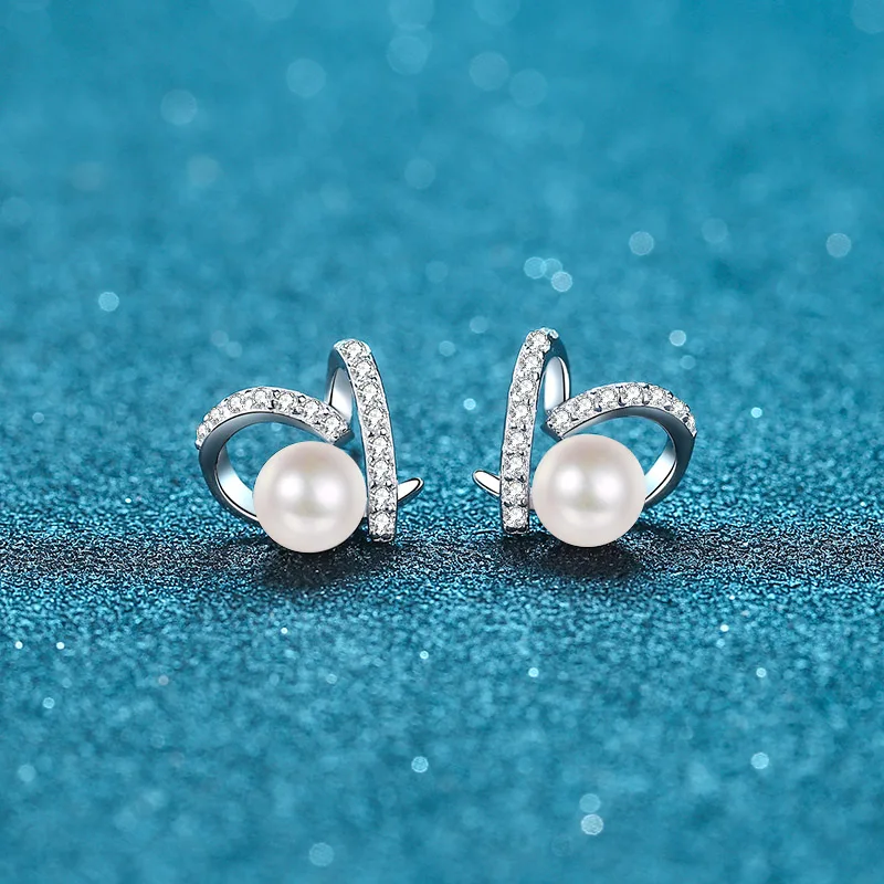 LORIELE WhitGold Moissanite 100% Freshwater Cultured Pearl Earrings for Women Stud Earrings 925 Sterling Silver Heart Ear Studs