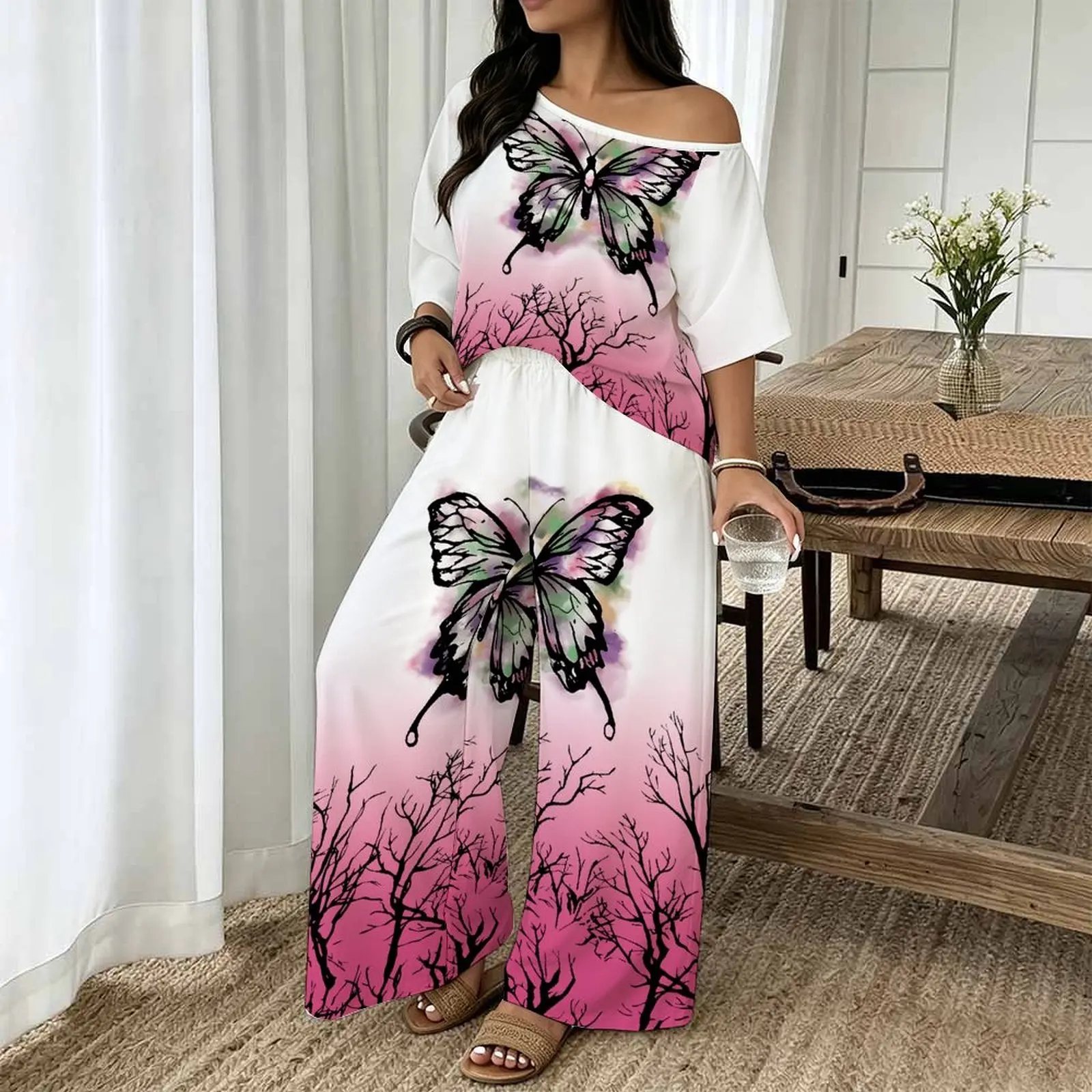 Plus Size Vintage Print Two Piece Set Ladies Casual Sloping Shoulders Short Sleeved Elegance Tops Everyday Street Sport Pants