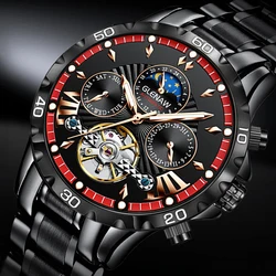 Gleaw-reloj mecánico de acero inoxidable para hombre, cronógrafo de negocios de alta calidad, luminoso, color negro