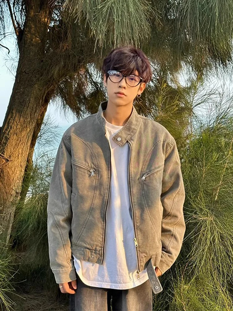 

Waed ey Stand Collar Zipper Denim Jaet Men's Spring Autumn Retro Trendy American Harrington Jaet Loose Fit Youthful E...