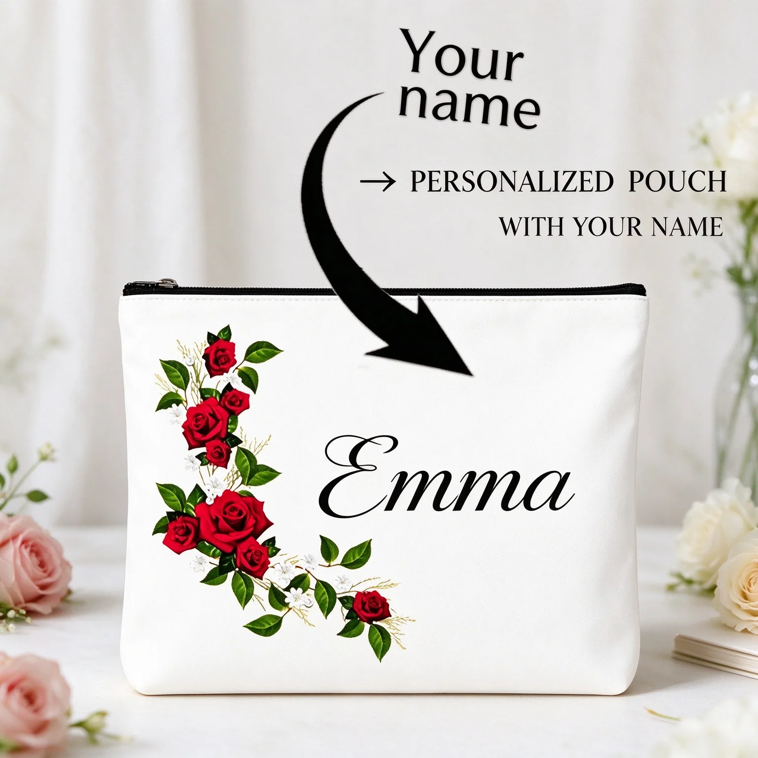 Personalized Rose Flower Makeup Bag Custom Name Cosmetic Pouch Zipper Organizer for Women Travel Daily Use