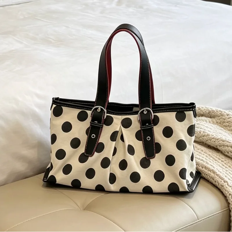 

Retro Polka Dot Canvas Tote Bag Vintage Style Women Casual Shoulder Bag Minimalist Japanese Large Capacity Daily Commute Handbag