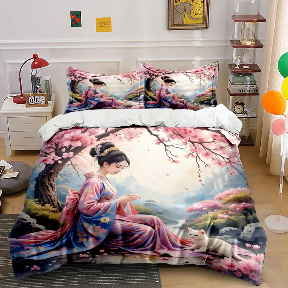 Cherry blossom tree woman kimono cat Print Soft Comfortable Duvet Cover Bedding Set Included 1*Duvet Cover 2*Pillowcases