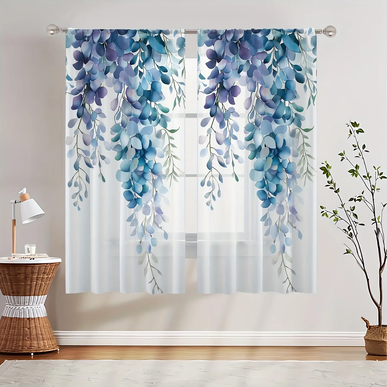 2PC Indigo Blue Wisteria Sheer Curtains - Romantic Watercolor Floral Vine Print Window Drapes for Bedroom Living Room Decor
