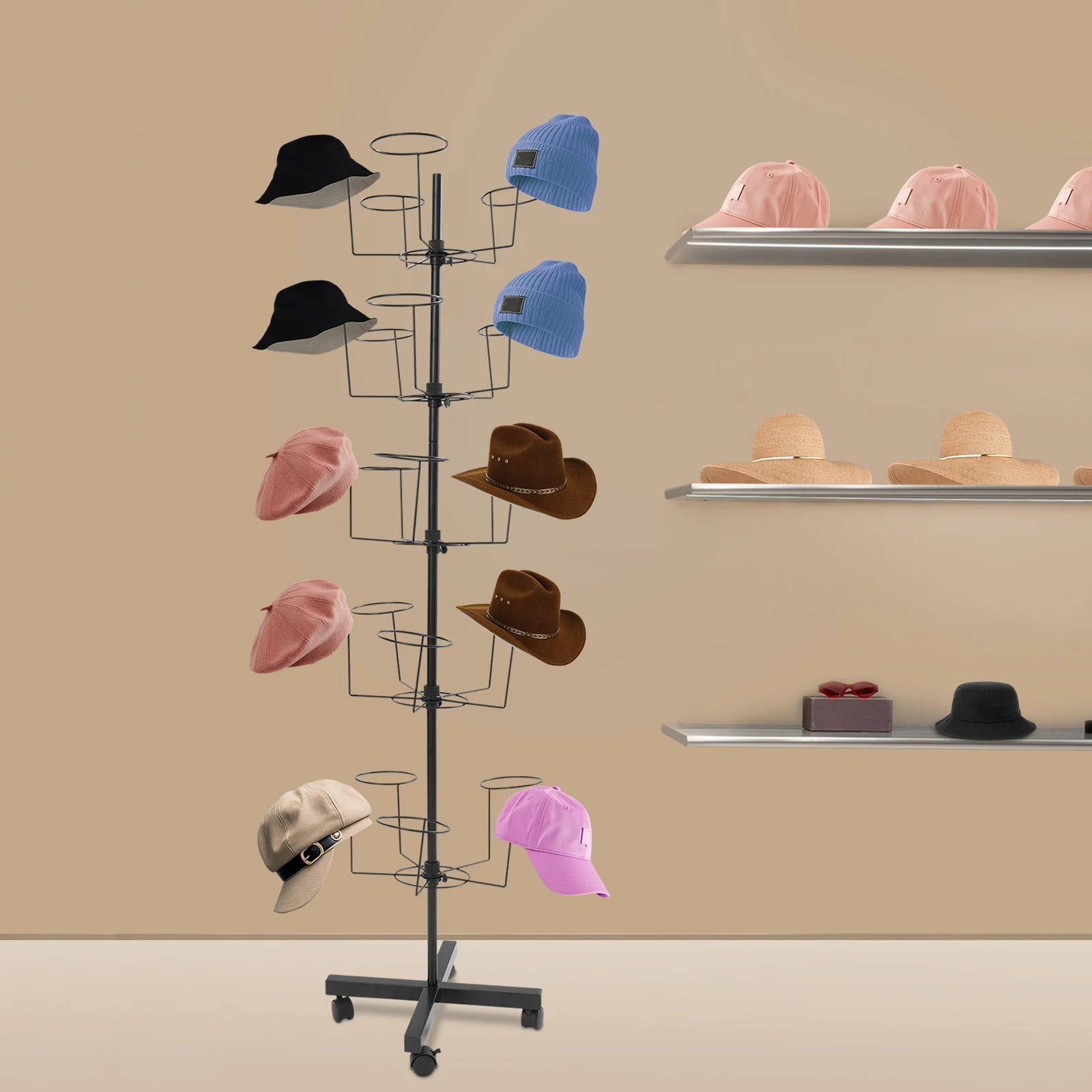 

5-ярусная вращающаяся подставка для головных уборов, органайзер для хранения кепок, настенная/дверная, для гардероба, черная, современный декор для прихожей