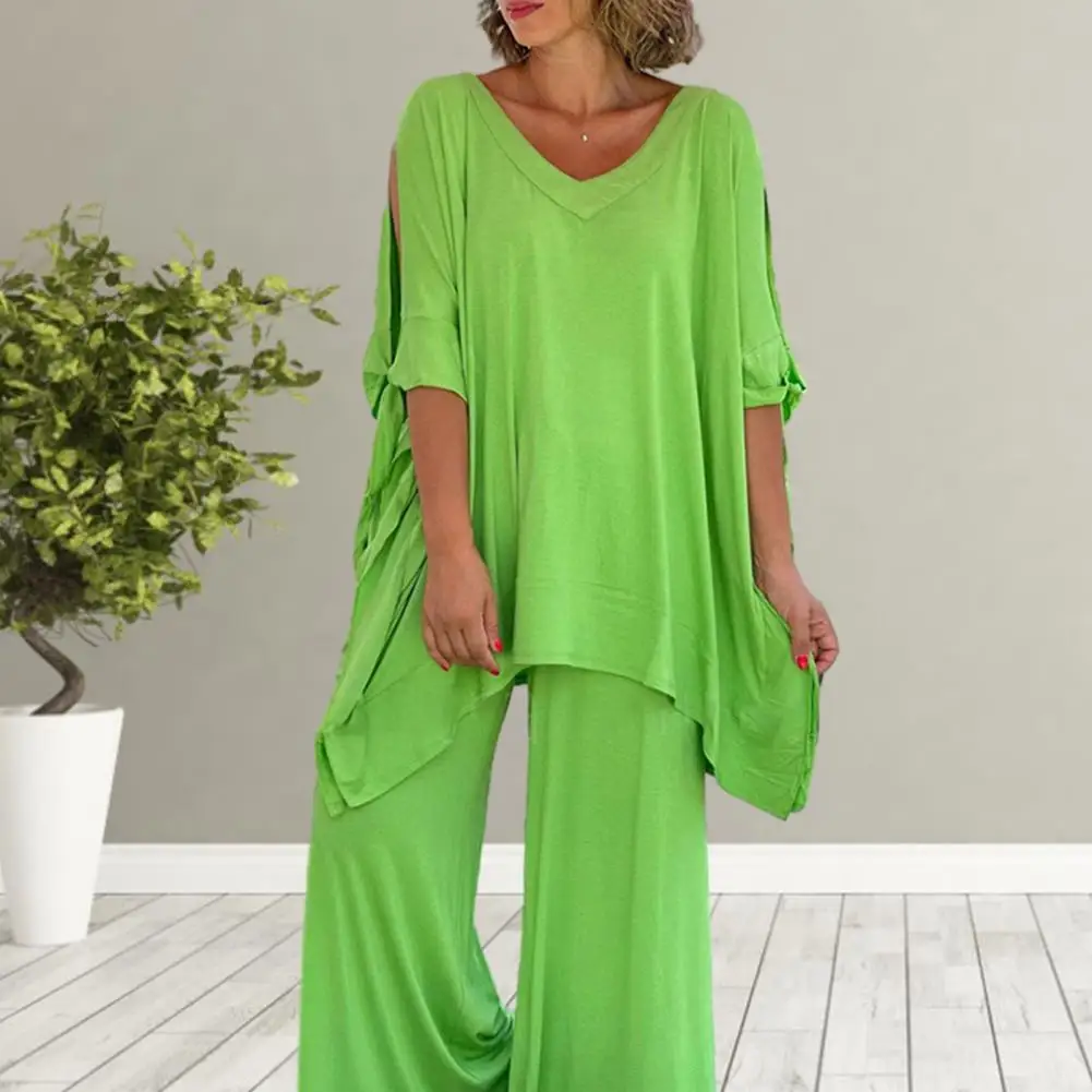 

Lace-up Half Sleeve T-shirt Long Pants Half Sleeve T-shirt High Waist Pants Set Stylish 2pcs/set V-neck Lace-up T-shirt High