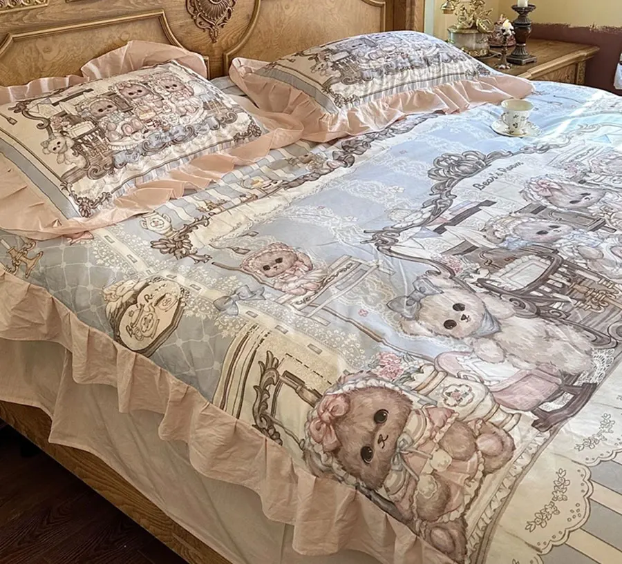 

European vintage bear bedding set,twin full queen fairyfair ruffled retro cotton home textile bed sheet pillow case quilt cover