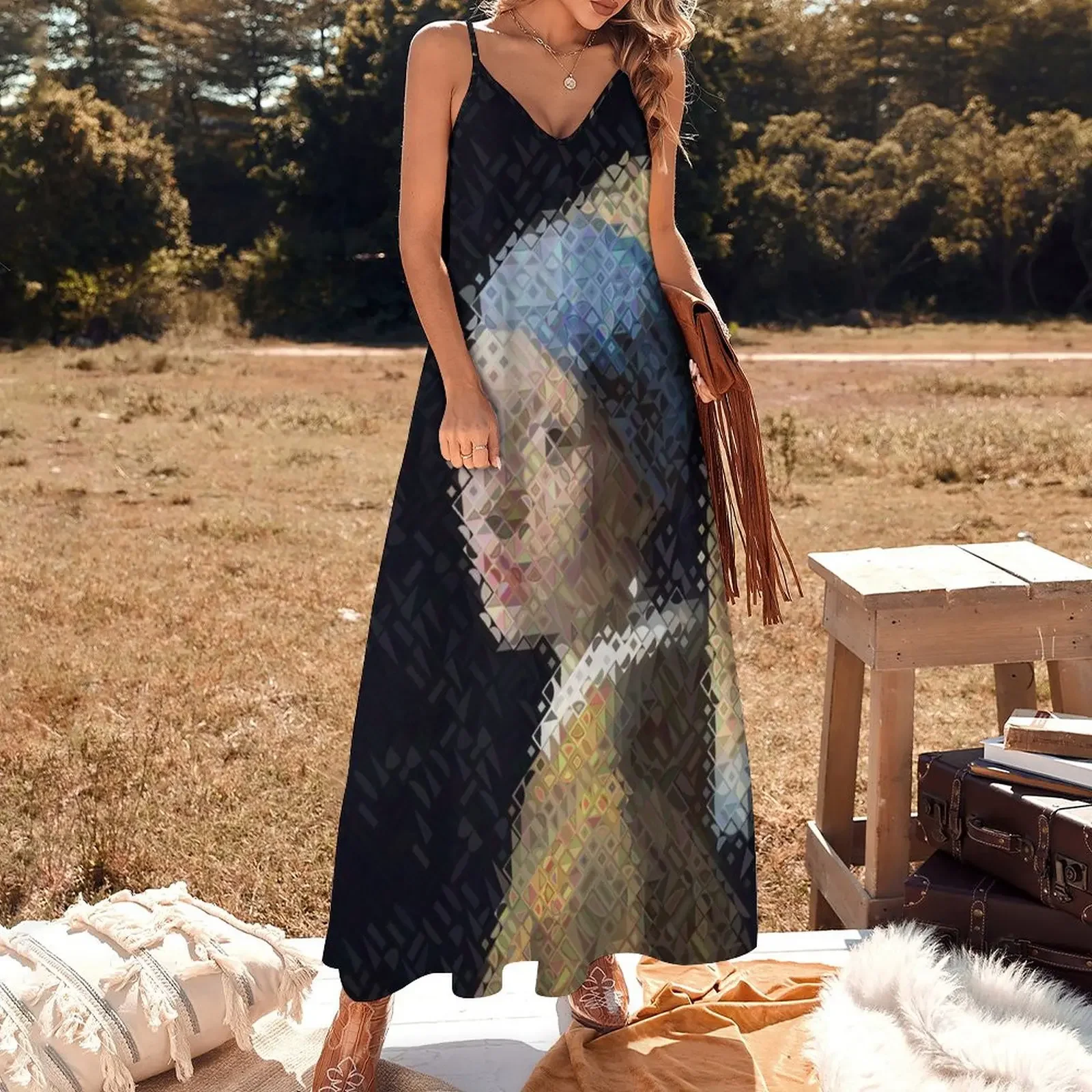 After Chuck Close - Portrait - Girl With Pearl Earring Sleeveless Dress prom clothes sensual sexy dress for women