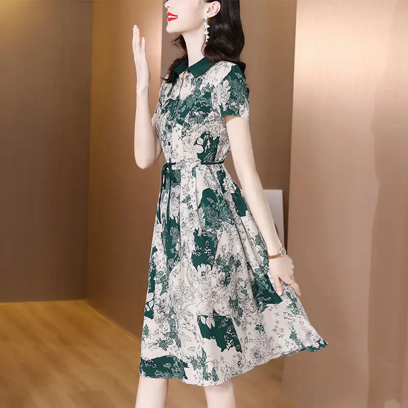 Elegant Lapel Printed Spliced Lace Up Bow Floral Dress Women Clothing 2024 Summer New Loose Short Sleeve Office Lady Midi Dress