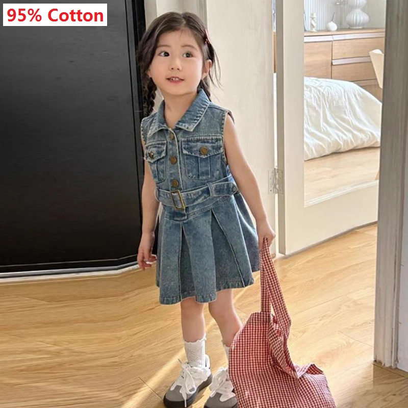 

Korean Female Child Clothes Girls' Summer Sleeveless Dress 2024 New Kids Denim Dresses Princess Sundress Outdoor Clothes 3-10Y