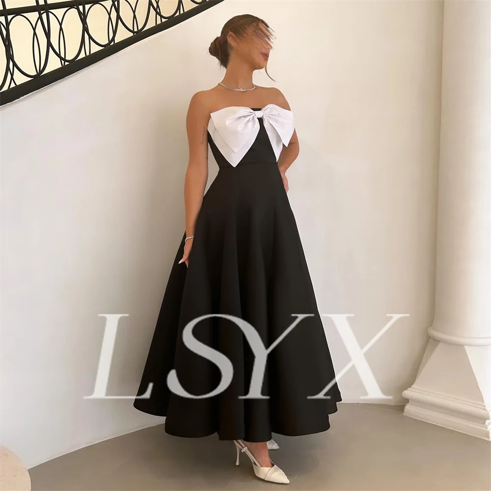 LSYX-vestidos de noche sencillos sin tirantes, de crepé con lazo grande, línea A, elegantes con cordones hasta el tobillo, vestidos de graduación hechos a medida